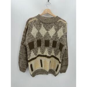 Visions Knitted by Hand Sweater Unisex Medium Brown Geometric Print Chunky Knit